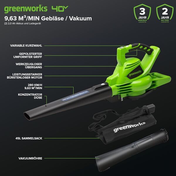 Greenworks Puhalnik Listja | zelena/črna 2