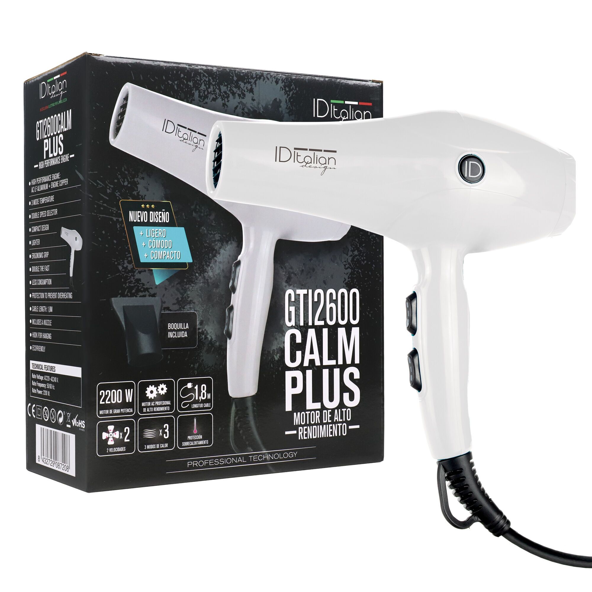 Italian Design GTI 2600 Calm Plus Haardroger | wit/zwart