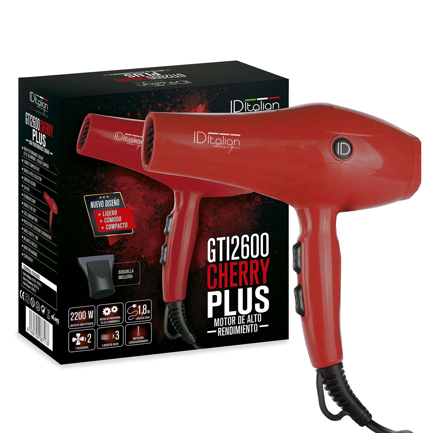 Italian Design GTI 2600 Cherry Plus Haardroger | rood/zwart