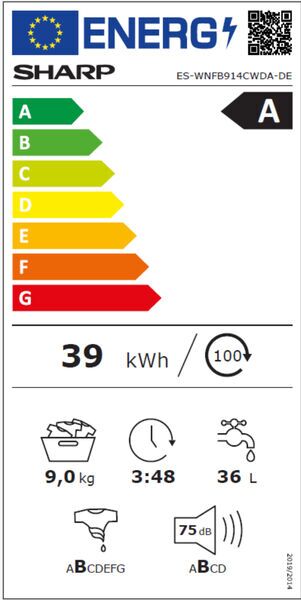 Sharp ES-WNFB914CWDA-DE Frontmatad tvättmaskin 9 kg | vit/svart, image 5 of 5